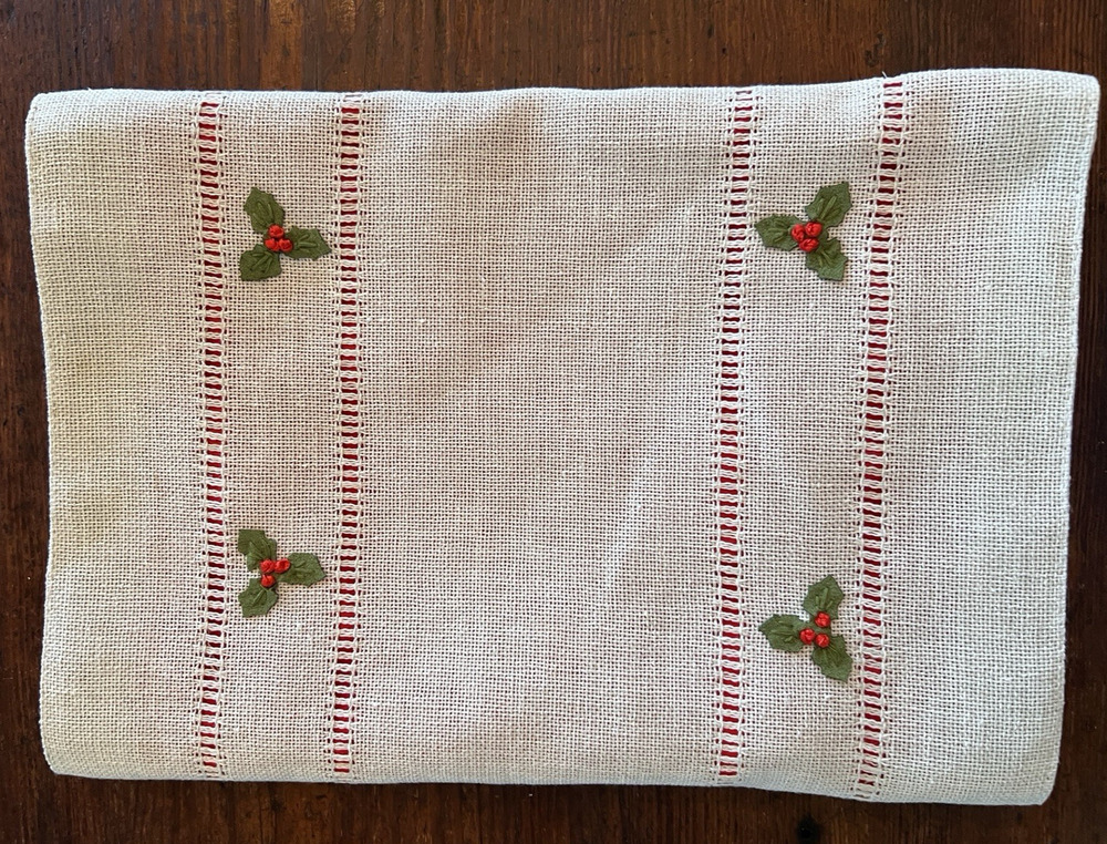 Vintage Holly Berries Embroidered Farmhouse Linen Table Runner PInk Backing 69"